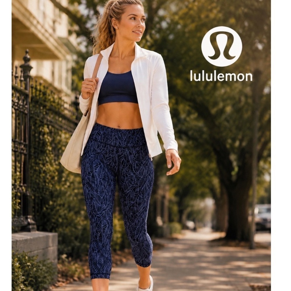 Lululemon Wunder Under Crop Leggings Navy Blue Grey Leaf Print Size 8 Luxtreme